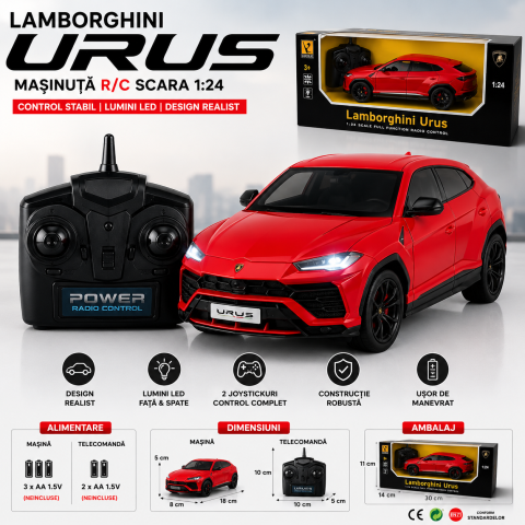 Jucarii cu telecomanda (RC) - Masina cu Telecomanda R/C 1:24 Lamborghini Urus Rosu 2.4G cu Lumini