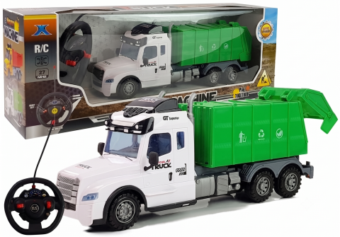 Jucarii cu telecomanda (RC) - Camion de gunoi cu telecomanda R/C 27 MHz, Lumini LED, 37 cm, Alb/Verde, 3+ Ani