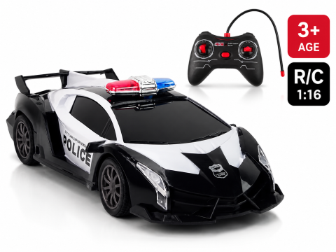 Jucarii cu telecomanda (RC) - Masina de Politie Bebelul cu Telecomanda R/C 1:16 Neagra cu Lumini LED 3 ani+