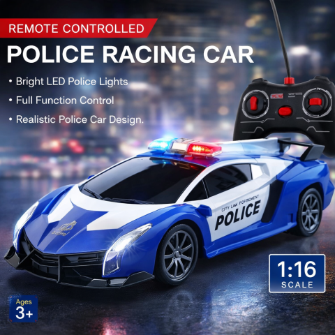 Masinute R/C - Mașină de poliție cu lumini LED și telecomandă copii, 1:16, Albastru