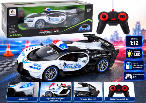 Masinute R/C - Masina de Politie cu Telecomanda Leantoys, Scara 1:12, Usi Functionale, Alb, 6 ani+