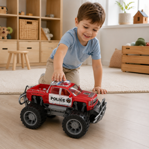 Masina de politie off-road LEAN Toys Pickup cu propulsie, roti mari, Rosu, 31 cm, 3 ani+ [6]