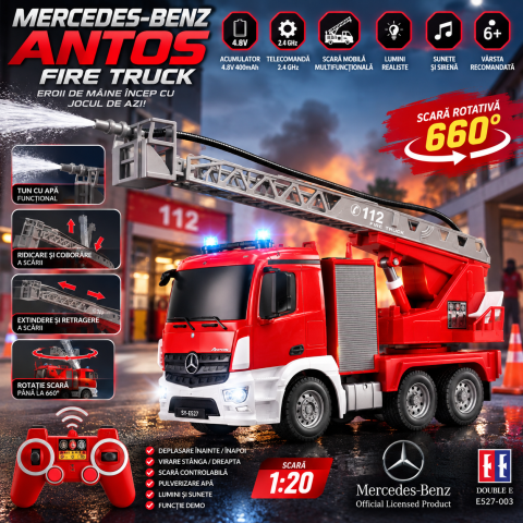 Masina de pompieri RC Mercedes-Benz Antos Double E E527-003, 1:20, telecomanda 2.4 GHz, scara extensibila 660°, tun cu apa, lumini si sunete, 6 ani+ [2]