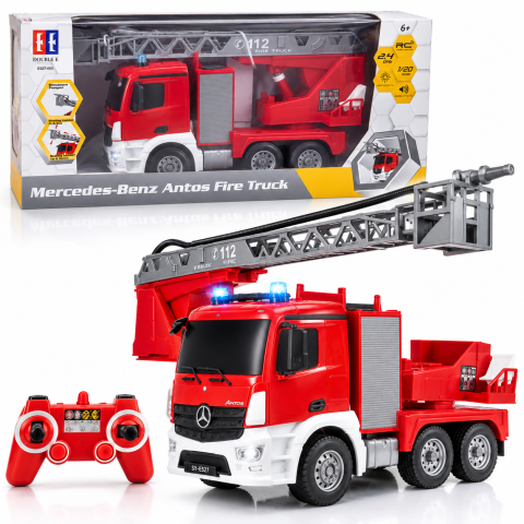 Jucarii cu telecomanda (RC) - Masina de pompieri RC Mercedes-Benz Antos Double E E527-003, 1:20, telecomanda 2.4 GHz, scara extensibila 660°, tun cu apa, lumini si sunete, 6 ani+