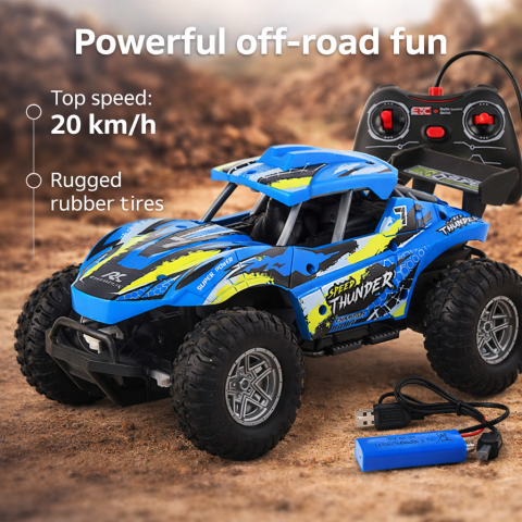 Vehicule si jucarii R/C - masina-off-road-telecomanda-1-16-albastra-roti-mari-3ani-Bebelul