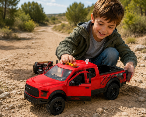 Masina Pickup LEAN Toys cu Portiere Mobile Lumini si Sunete, 1:12, Rosu, 3 ani+ [1]