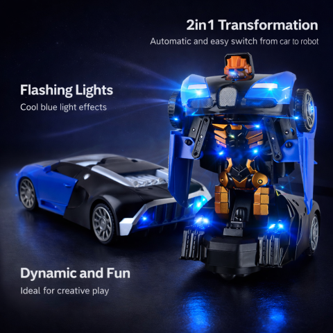 Masinute R/C - Masina robot 2in1 Bugatti albastra efecte luminoase transformare automata