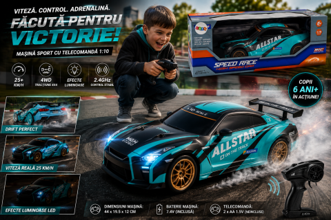 Masinute R/C - Masina sport cu telecomanda 1:10 TURCOAZ NEGRU viteza 25 km/h, baieti, 6 ani+