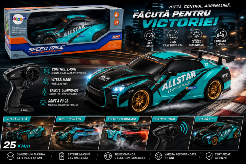 Masinute R/C - Masina sport cu telecomanda 1:10 TURCOAZ NEGRU viteza 25 km/h, baieti, 6 ani+