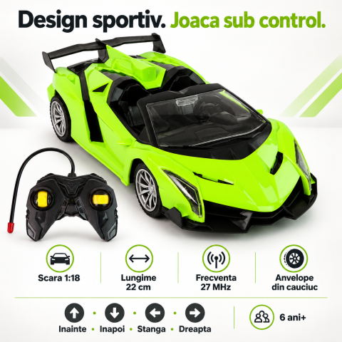 Masina sport cu telecomanda R/C 1:18, 27 MHz, anvelope din cauciuc, 22 cm, 6 ani+, verde [1]
