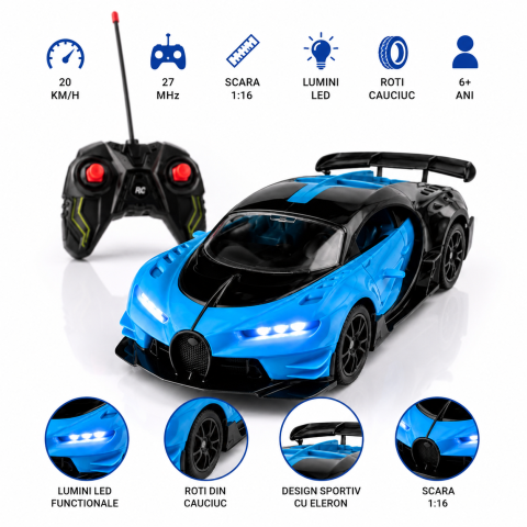 Masinute R/C - Masina sport cu telecomanda RC scara 1:16, albastra, baieti, 6 ani+