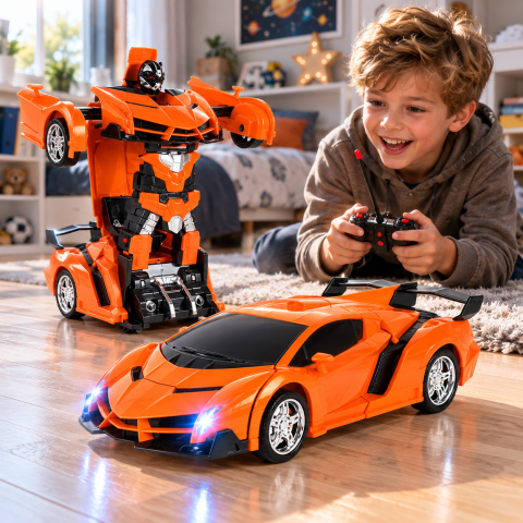 Masina Transformer 2 in 1 cu telecomanda, transformare robot, drift, rotire 360°, lumini LED si sunete, Scara 1:18, portocalie, 6 ani+ [1]