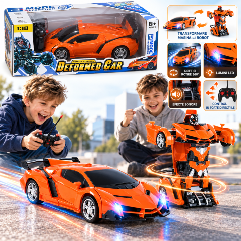 Masina Transformer 2 in 1 cu telecomanda, transformare robot, drift, rotire 360°, lumini LED si sunete, Scara 1:18, portocalie, 6 ani+ [2]