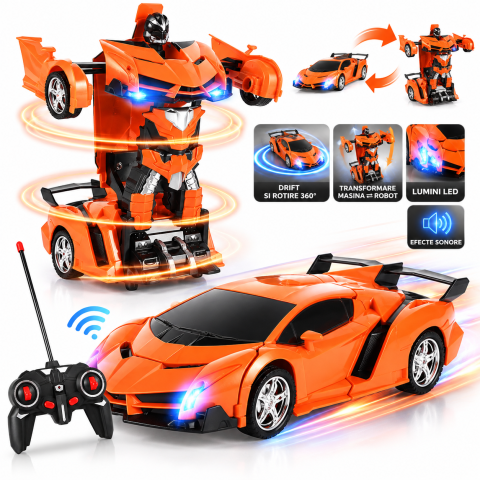Masinute R/C - Masina Transformer 2 in 1 cu telecomanda, transformare robot, drift, rotire 360°, lumini LED si sunete, Scara 1:18, portocalie, 6 ani+
