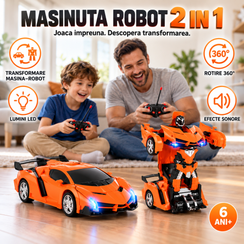 Masina Transformer 2 in 1 cu telecomanda, transformare robot, drift, rotire 360°, lumini LED si sunete, Scara 1:18, portocalie, 6 ani+ [1]