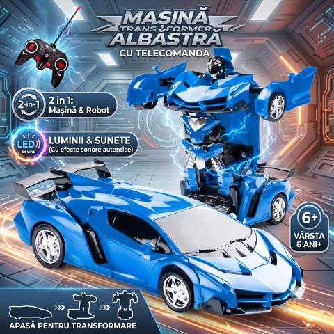 Masinute R/C - Mașină Transformer cu Telecomandă 2 în 1 – Se Transformă în Robot, Lumini și Sunete