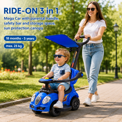 Ride-on - Masinuta copii RIDE-ON 3 in 1 Mega Car cu maner parental, bara protectie si spatiu depozitare, copertina protectie solara, albastru, 18 luni - 5 ani, max. 23 kg