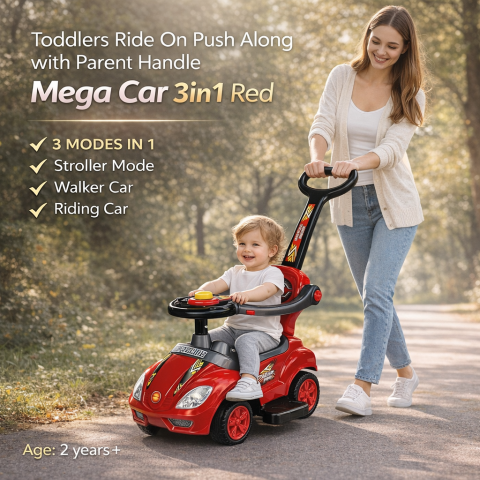 Ride-on - Masinuta cu maner de impingere Mega Car 3in1 ROSU