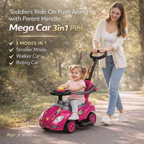 Ride-on - Masinuta cu maner de impingere Mega Car 3in1 roz