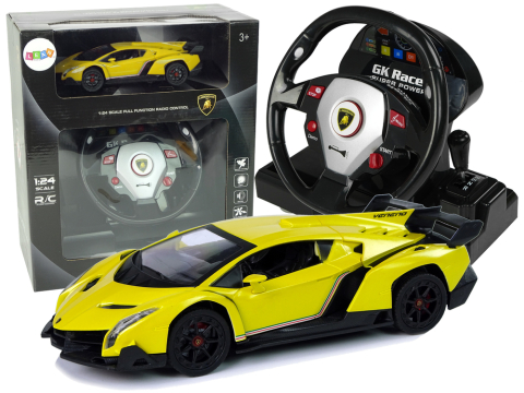 Jucarii cu telecomanda (RC) - Masinuta cu telecomanda Lamborghini Veneno Galben 2.4G volan sunete lumini 1:24, 3 ani+