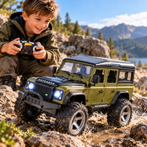 Masinuta cu Telecomanda Land Rover Defender 110, Licenta Oficiala, Scara 1:14, 2.4 GHz, Faruri LED, Verde Militar, 6 Ani+ [1]