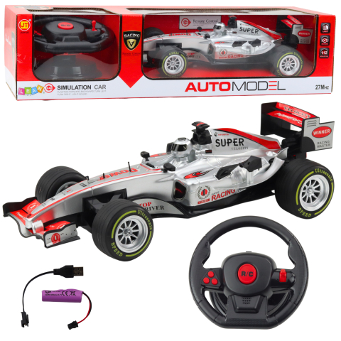 Jucarii cu telecomanda (RC) - Masinuta cu telecomanda RC Racer Volan Lumini Sunete 1:12 Argintiu, 3 ani+