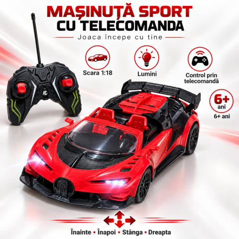 Masinute R/C - Masinuta cu telecomanda Sports Car RC 1:18, Rosu, Lumini si Roti din Cauciuc, 6 ani+