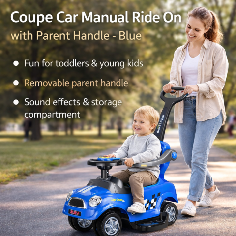 Ride-on - Masinuta ride on manuala cu maner parental albastra sunete compartiment depozitare