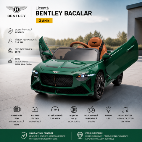 Masinute electrice - Masinuta electrica 4x4, pentru copii, Bentley Bacalar 120W 12V, cu telecomanda, scaun piele ecologica, Verde, cu licenta