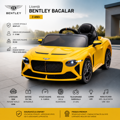 Masinute electrice - Masinuta electrica 4x4, pentru copii, Bentley Bacalar 120W 12V, cu telecomanda, scaun piele ecologica, Galben