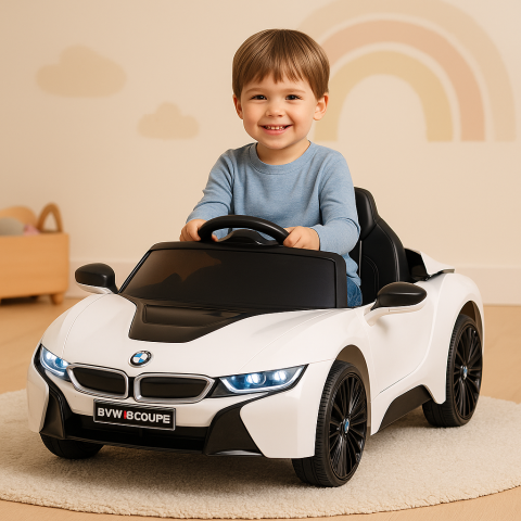 Vehicule electrice copii - Masinuta electrica copii, cu telecomanda BMW i8 Coupe ALB, 12V, lumini LED, muzica si scaun piele