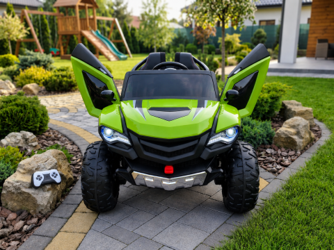Masinute electrice - Masinuta electrica FB-6678, de teren, 4x4 cu usi tip aripi pentru copii, 12V 10Ah, 4 motoare 45W, roti EVA, scaun piele ecologica, telecomanda 2.4G, balans, lumini LED, verde, 2 locuri, 3-8 ani