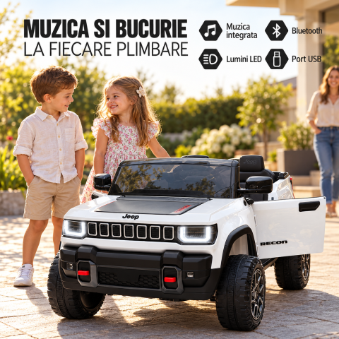 Masinuta electrica Jeep Recon cu licenta, 2 locuri, 12V 10Ah, 2 motoare, roti EVA, telecomanda, LED si USB, 3 ani+, alba [3]