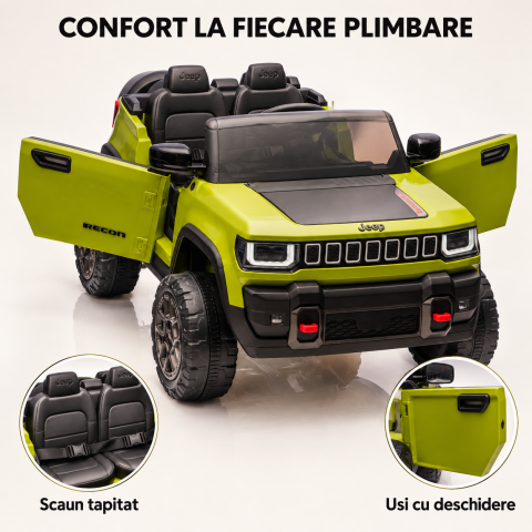 Masinuta electrica Jeep Recon cu licenta, 2 locuri, 12V 10Ah, 2 motoare, roti EVA, telecomanda, LED, USB si Bluetooth, 3 ani+, verde [3]
