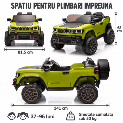 Masinuta electrica Jeep Recon cu licenta, 2 locuri, 12V 10Ah, 2 motoare, roti EVA, telecomanda, LED, USB si Bluetooth, 3 ani+, verde [7]