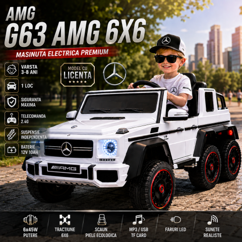 Masinute electrice - Masinuta electrica Mercedes-Benz G63 AMG 6x6, alb, 1 loc, 6 roti, 6x45W, baterie 12V10Ah, roti EVA, scaun din piele ecologica, telecomanda 2.4G, licenta oficiala