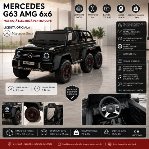 Masinute electrice - Masinuta electrica Mercedes G63 AMG 6x6 6x45W roti EVA telecomanda 2.4G negru