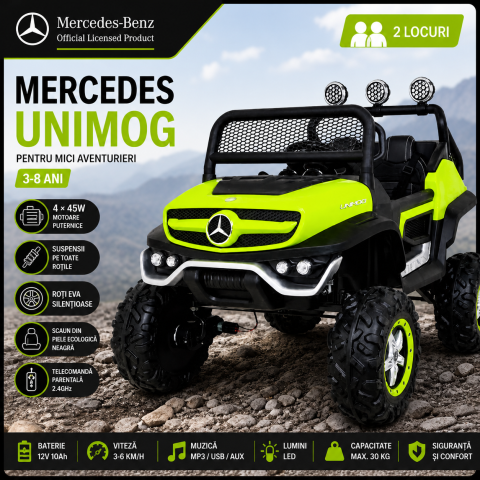 Mercedes Unimog - Masinuta electrica verde 4x45W cu telecomanda si roti EVA, 2 locuri [7]