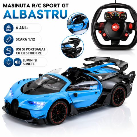 Masinute R/C - Masinuta cu telecomanda R/C sport scara 1:12 usi portbagaj lumini sunete, albastru, 6 ani+