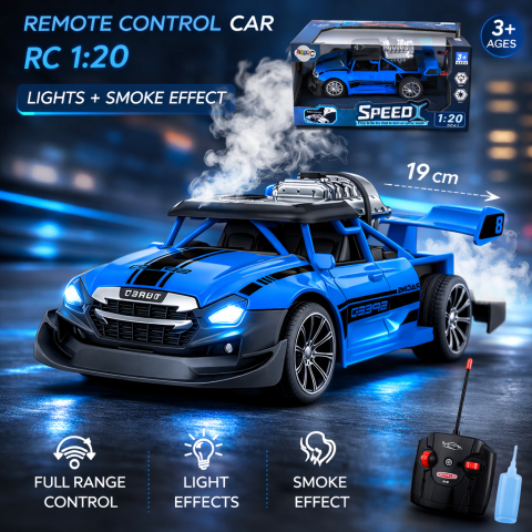 Vehicule si jucarii R/C - Masinuta RC cu lumini si efect de fum – scara 1:20, Albastru, 3 ani+