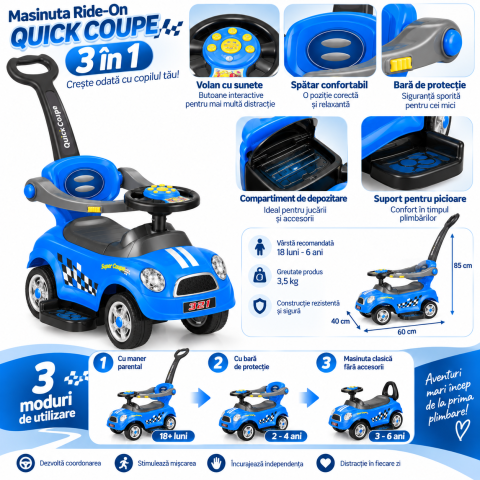 Masinuta Ride-On 3 in 1 QUICK COUPE fara pedale, cu maner parental, bara de protectie, suport picioare si sunete, albastra, 18 luni+ [2]