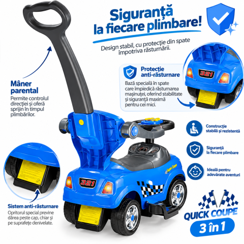 Masinuta Ride-On 3 in 1 QUICK COUPE fara pedale, cu maner parental, bara de protectie, suport picioare si sunete, albastra, 18 luni+ [3]