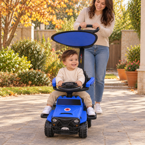 Masinuta ride-on copii, cu maner parental, parasolar, bara de protectie, suporturi pentru picioare si depozitare, albastra, 2 ani+ [4]
