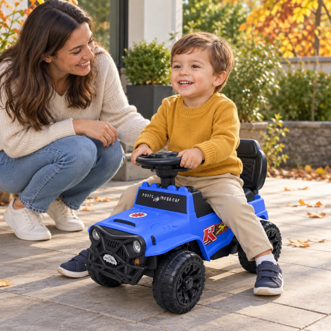 Masinuta ride-on copii, cu maner parental, parasolar, bara de protectie, suporturi pentru picioare si depozitare, albastra, 2 ani+ [6]