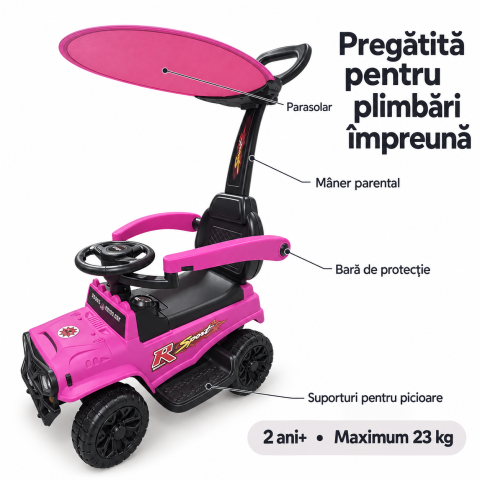 Masinuta ride-on copii, cu maner parental, parasolar, bara de protectie, suporturi pentru picioare si depozitare, roz, 2 ani+ [5]