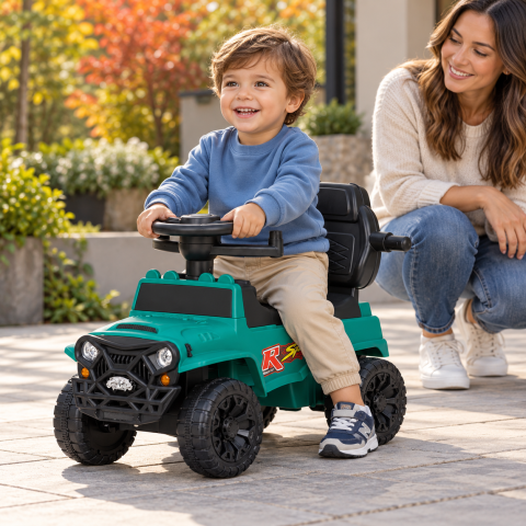 Masinuta ride-on copii, 3 in 1, cu maner parental, parasolar, bara de protectie, suporturi pentru picioare si depozitare, verde, 2 ani+ [3]