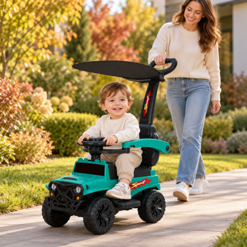 Masinuta ride-on copii, 3 in 1, cu maner parental, parasolar, bara de protectie, suporturi pentru picioare si depozitare, verde, 2 ani+ [2]