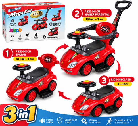 Ride-on - Masinuta Ride-On 3 in 1 Mega Car, rosie, cu maner parental, bara de protectie si suport pentru picioare, 18 luni – 6 ani