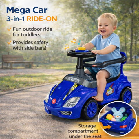 Masinuta cu maner de impingere Mega Car 3in1 albastra [6]