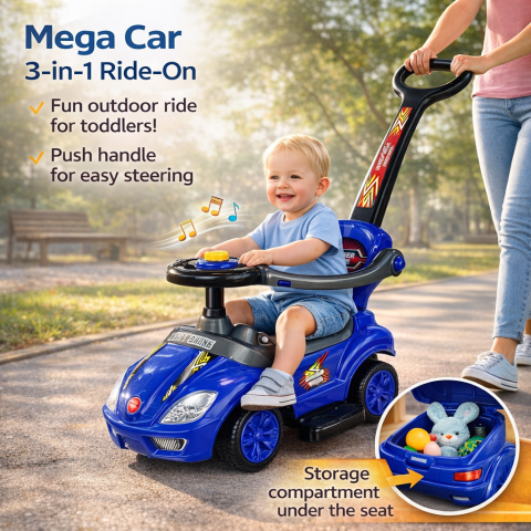 Masinuta cu maner de impingere Mega Car 3in1 albastra [5]
